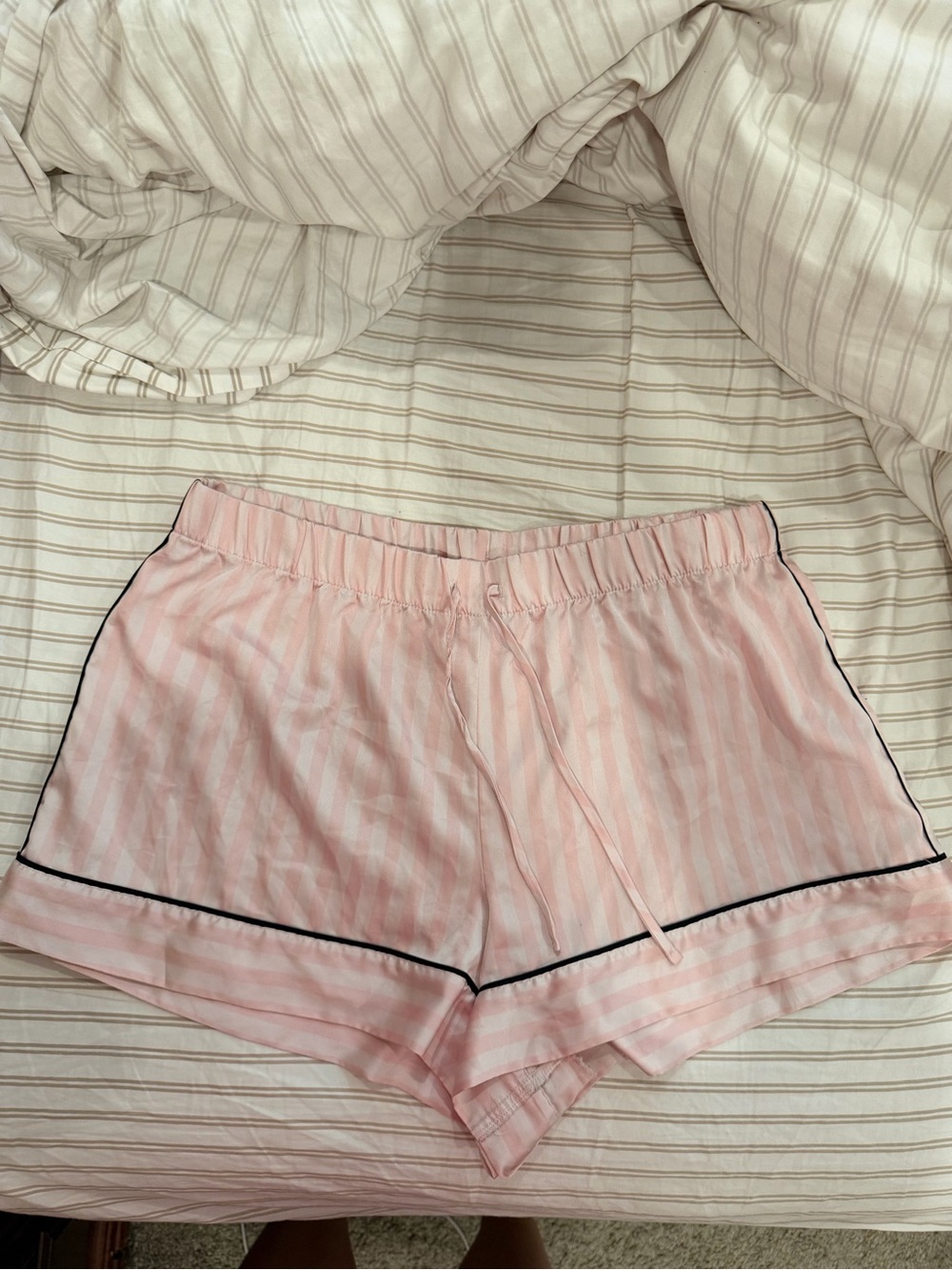 Victoria's Secret Pink Striped Satin Sleep Shorts with Black Piping